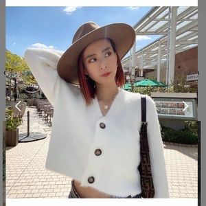 H&M White Fuzzy Cadigan Sweater